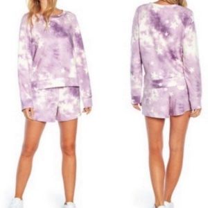 Wildfox Lounge Set- Sweatshirt and Shorts - Purple Tie Dye Stars